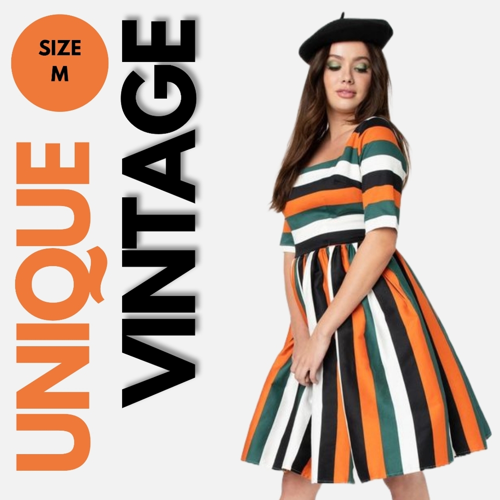 Unique Vintage/Collectif Amber Lea Pumpkin Stripe Dress Size M